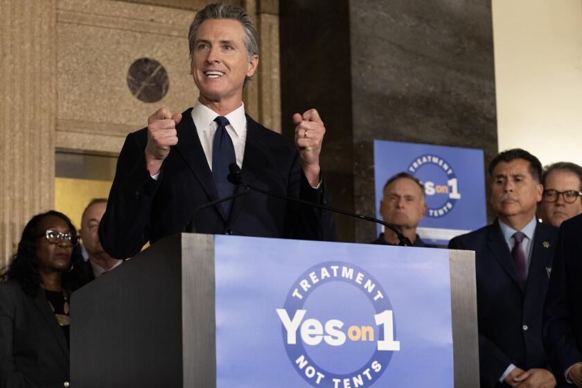 LOS ANGELES, CA - JANUARY 03: Gov. Gavin Newsom expressed shock that the largest mental health institution is the county jail. Newsom kicked off his campaign for Proposition 1 at Los Angeles General Medical Center in Los Angeles, CA on Wednesday, Jan. 3, 2024. The Proposition is the only statewide initiative on the March 5 primary ballot and asks voters to approve bonds to fund more treatment for mental illness and drug addiction. The initiative is a component of his efforts to tackle homelessness in the state. (Myung J. Chun / Los Angeles Times via Getty Images)