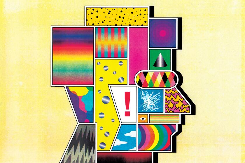 Illustration of a head in profile formed by boxes containing a variety of colors and patterns
