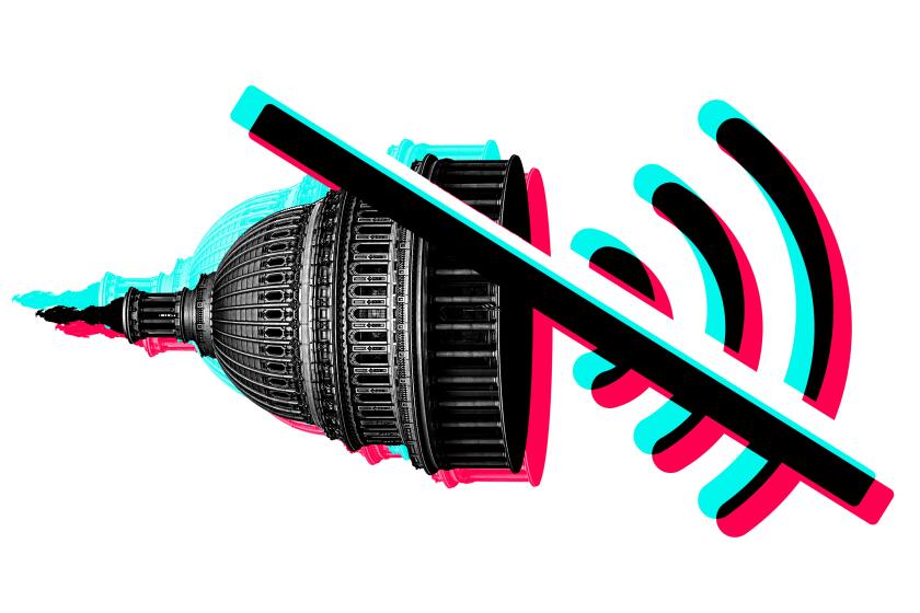 Illustration of a mute button in cyan, red, and black, with the capitol dome instead of a music speaker