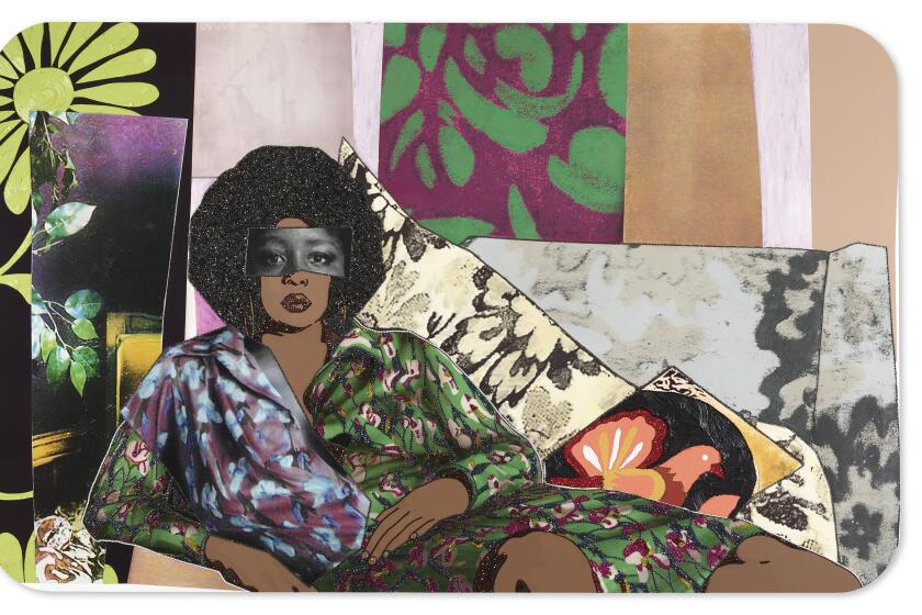 Mickalene Thomas, "Afro Goddess Looking Forward," 2015, rhinestones, acrylic and oil on wood panel