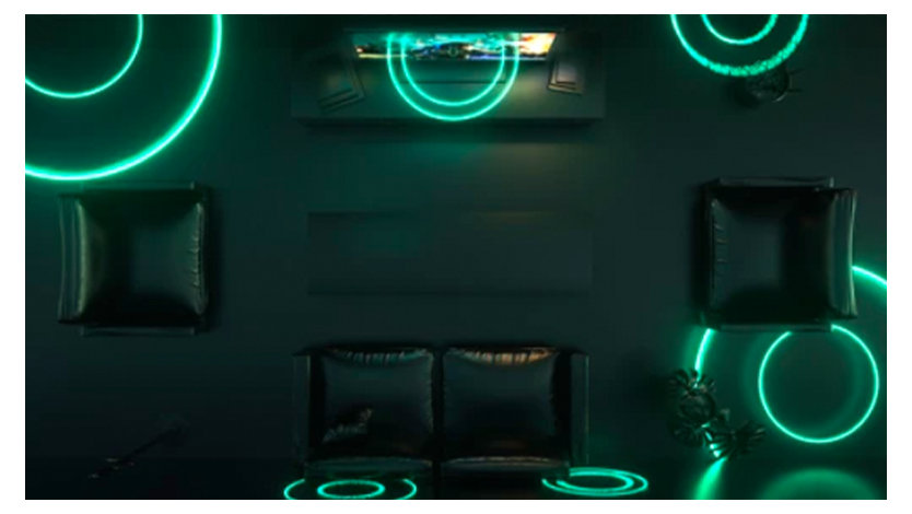 Obývací pokoj pokrytý zelenými kruhy představujícími zvuk