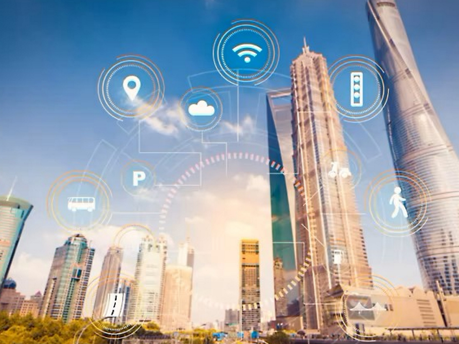 Wi-Fi、クラウド コンピューティング、その他のテクノロジを表すデジタル アイコンを備えた、高層ビルが立ち並んだスマート シティの図。