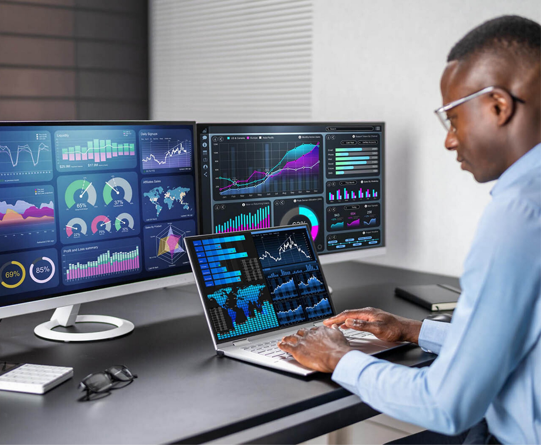 Egy férfi több számítógép képernyőjén elemzi a pénzügyi adatokat egy modern irodai környezetben.