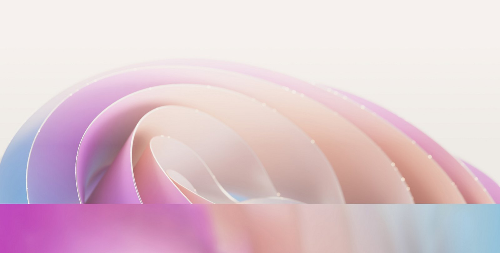 ピンク、紫、青の濃淡を持つソフトなパステル調の曲線が重なり合い、緩やかな波状のパターンが生み出された抽象的な画像。