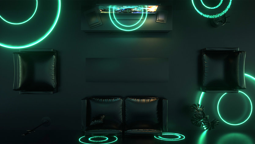 Underhållningsområde i vardagsrummet med sfärer som visar 3D-ljud.