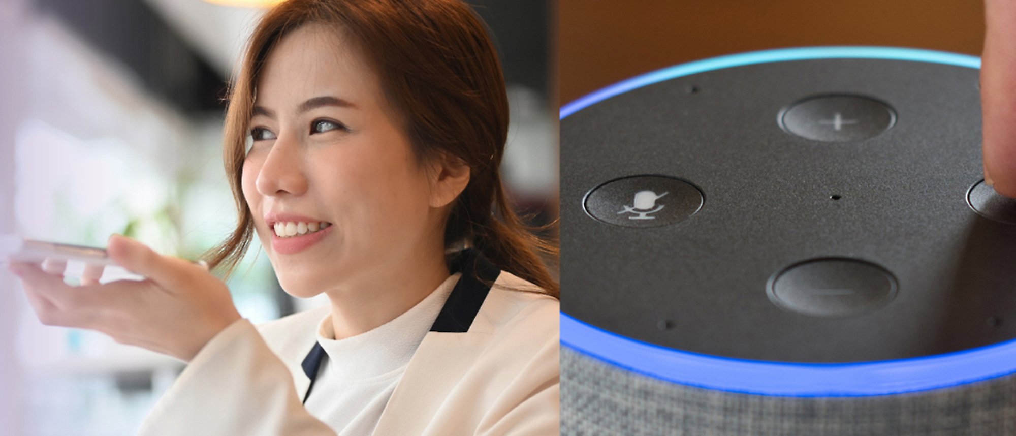 En kvinna som pratar i telefon och en bild av Amazon Alexa med blåljus och ljudkontroller