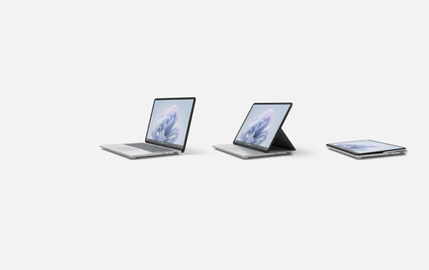 A Surface Laptop Studio 2 for Business in Laptop Mode, a Surface Laptop Studio 2 for Business in Stage Mode, and a Surface Laptop Studio 2 for Business in Studio mode