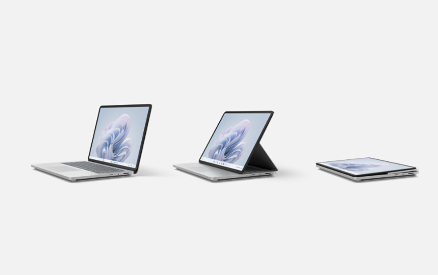 A  Surface Laptop Studio 2 in Laptop Mode, a  Surface Laptop Studio 2 in Stage Mode, and a  Surface Laptop Studio 2 in Studio Mode.