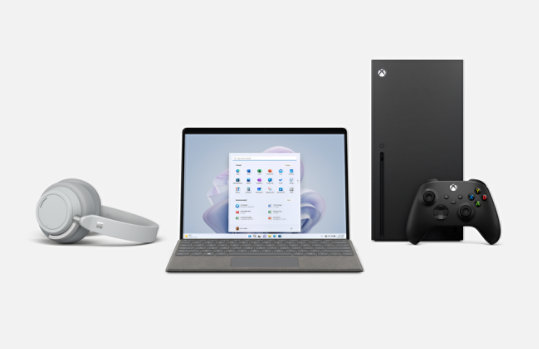 A Surface Pro 9, Surface Headphones 2, and an X box Series X with included controller.