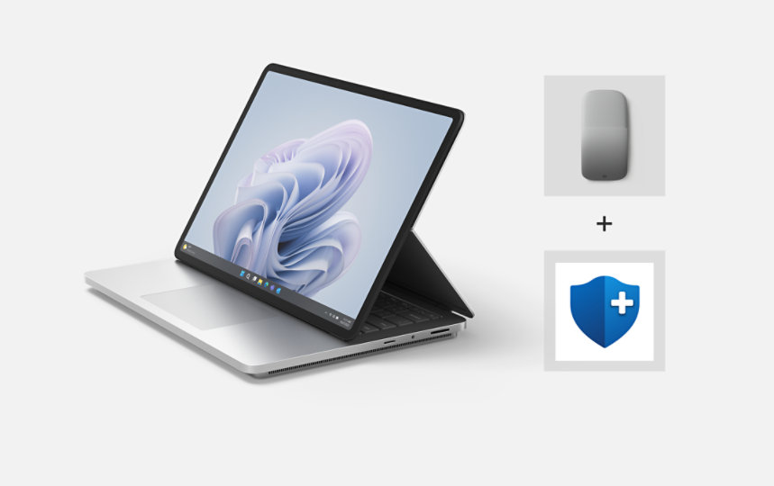 A Surface Laptop Studio 2 for Business in Stage Mode, a Surface Arc Mouse, and Microsoft Complete Protection Plan. 