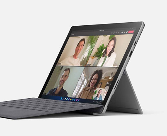 Side view of the Surface Pro 7+ with the Surface Pro X Signature Keyboard
