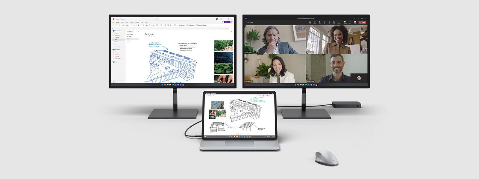 Surface Laptop Studio 2 připojený ke dvěma externím monitorům s různými otevřenými aplikacemi Microsoft
