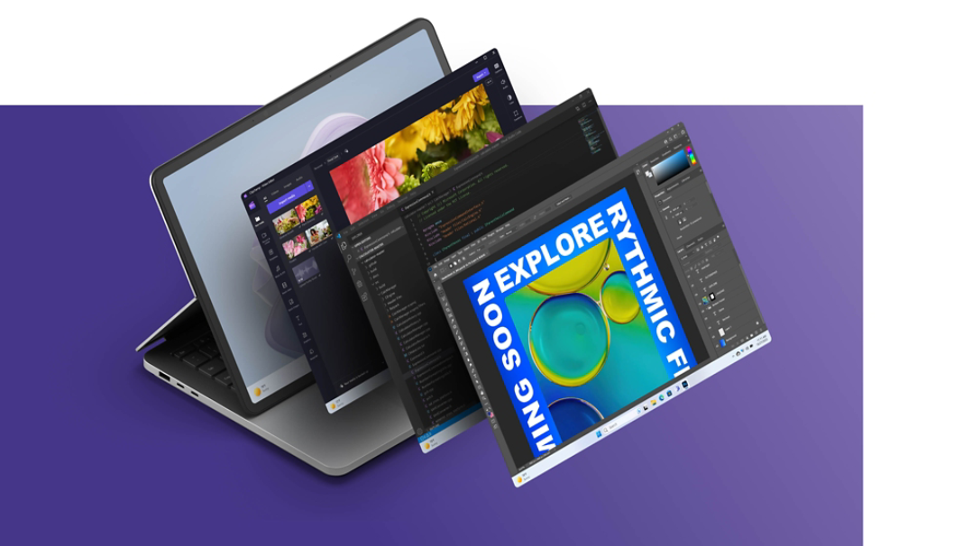 Surface Laptop Studio 2 s naskládanými obrazovkami s květem Windows, aplikací Clipchamp, Xbox a Adobe Photoshop před zařízením.