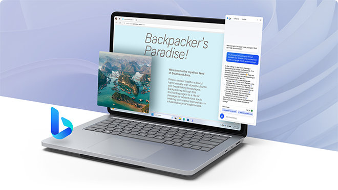 Zařízení Surface Laptop Studio 2 s Microsoft Edge na obrazovce, s prvky aplikace vyskakujícími z obrazovky a logem Bing vznášejícím se u klávesnice.