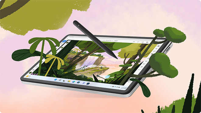 Zařízení Surface Laptop Studio 2 v tvůrčím režimu s Adobe Fresco na obrazovce a perem Surface Slim Pen 2 vznášejícím se nad obrazovkou.