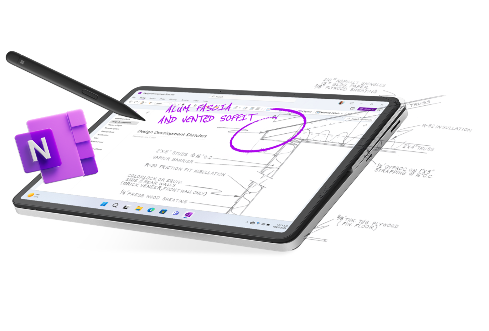 デジタルペン、手書きのメモ、OneNote アイコンがデバイスの画面から飛び出している様子を表示したタブレットモードの Surface Laptop Studio 2。