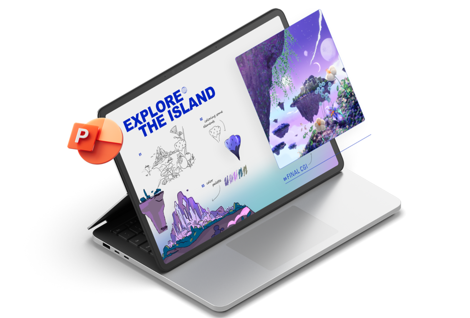 島のアニメーションと PowerPoint のロゴが画面から飛び出した状態で、Microsoft PowerPoint を画面に表示した Surface Laptop Studio 2。