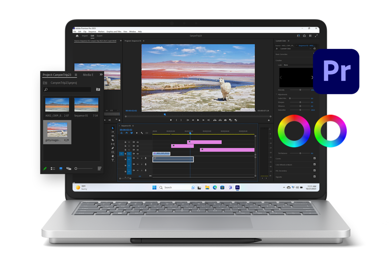 Zařízení Surface Laptop Studio 2 s Adobe Premiere Pro na obrazovce.