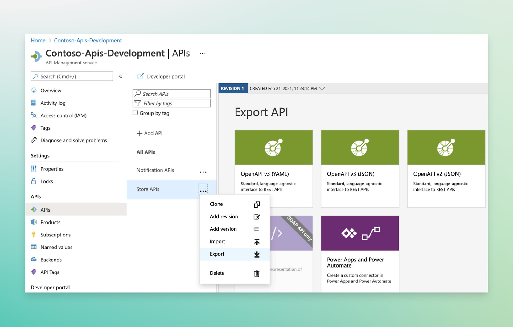 顯示了開發人員入口網站的 Microsoft Contoso API 開發 API 視窗