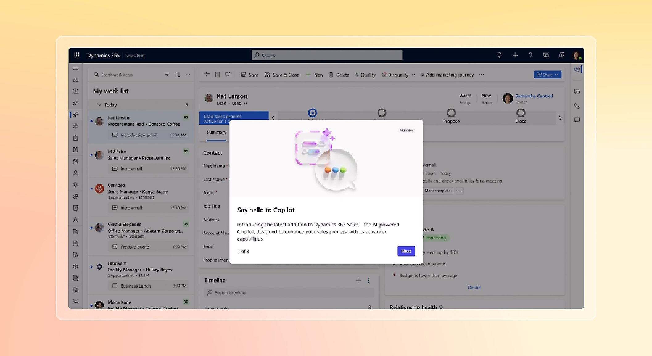 Window open for dynamics 365 and dialog box open for copilot