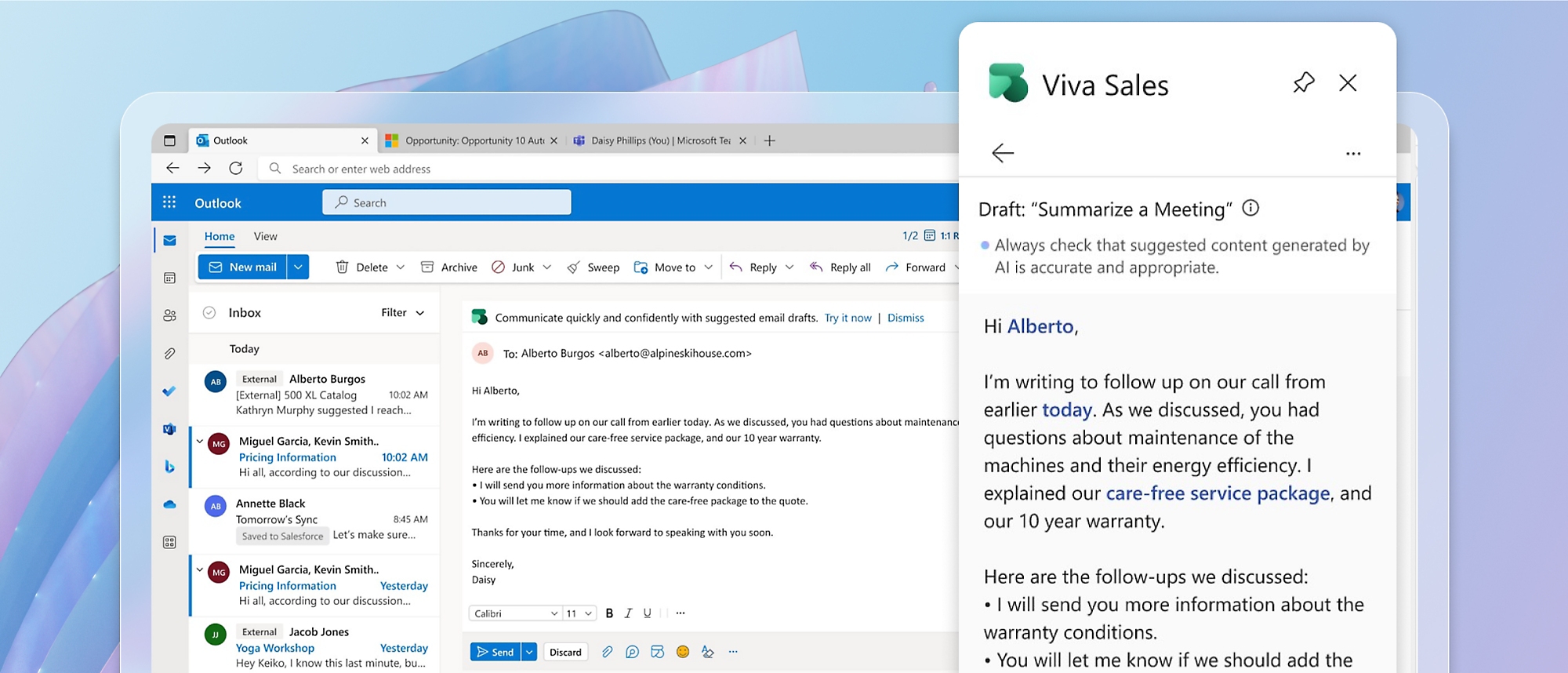Microsoft Outlook är öppet och ett Viva Sales-fönster är öppet