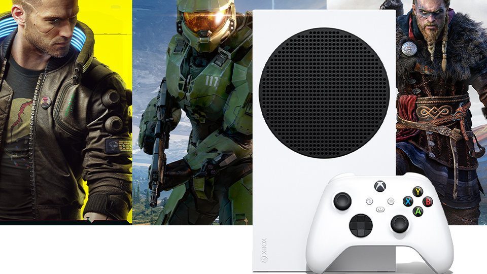 Xbox Series S-konsol och Xbox Wireless Controller med videospelsbilder.