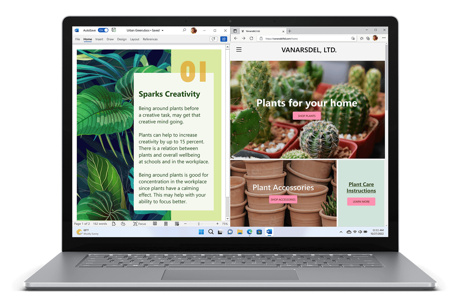 Vue de face du Surface Laptop 5 avec des écrans Windows 11 sur la créativité et les plantes organisés avec Snap Assist.