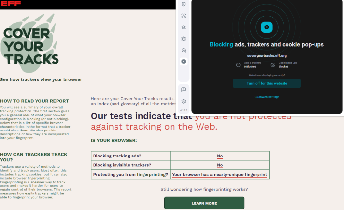 Cover Your Tracks test results with CleanWeb open in the foreground.
