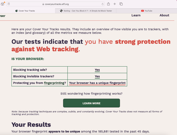 Cover Your Tracks test results for 1Blocker.
