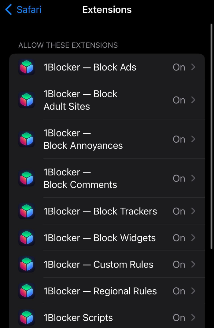 The 1Blocker extension settings for iOS Safari.