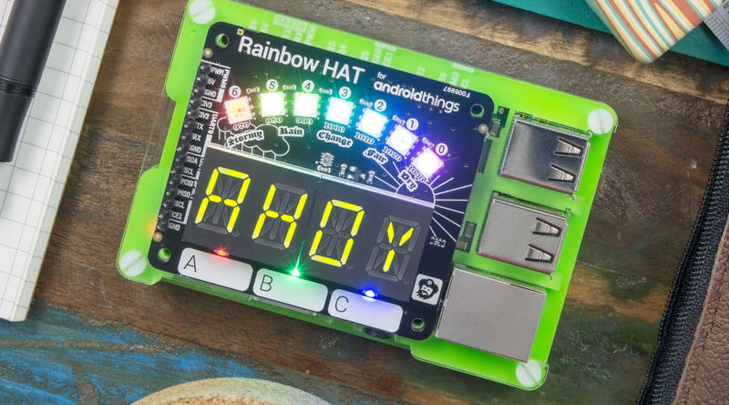 The <a href="https;//shop.pimoroni.com/products/rainbow-hat-for-android-things">Android Things Rainbow Hat</a> from Pimoroni.