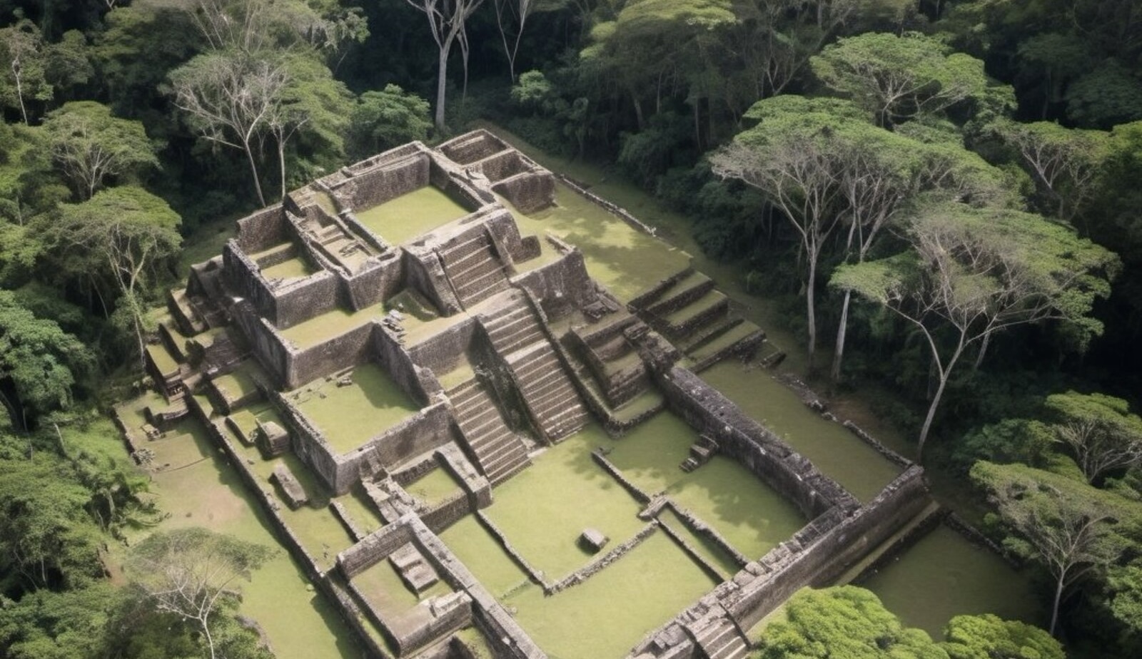 Image générée par intelligence artificielle d’un temple précolombien vu depuis les airs. © OpenArt.ai