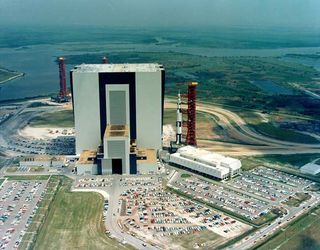 The Saturn V 500F rocket rolls out of the Vehicle Assembly Building (VAB) on May 25, 1966 at NASA's Kennedy Space Center in Cape Canaveral, Fla.