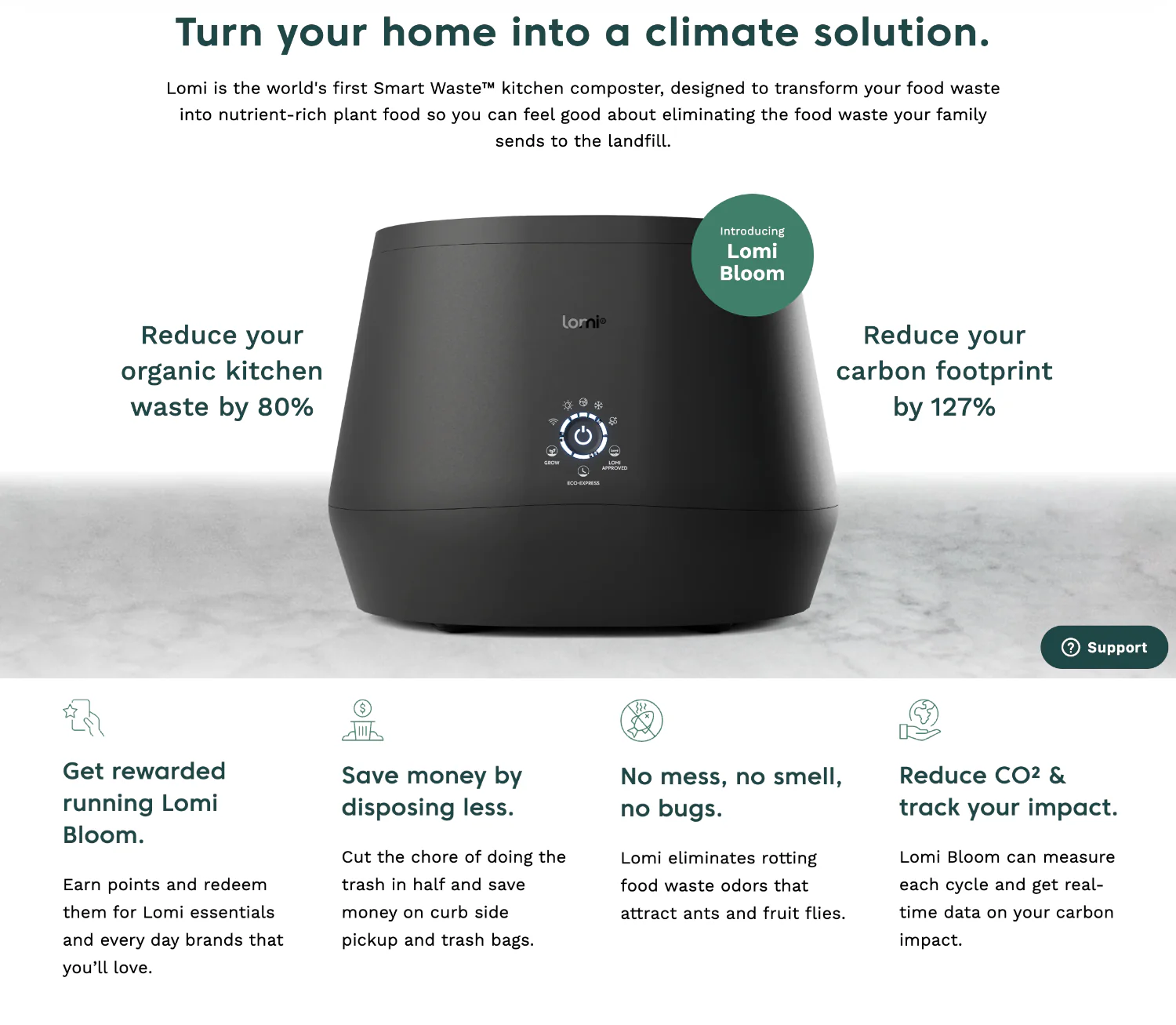 Lomi Bloom smart composter product page with benefits and eco impact details.