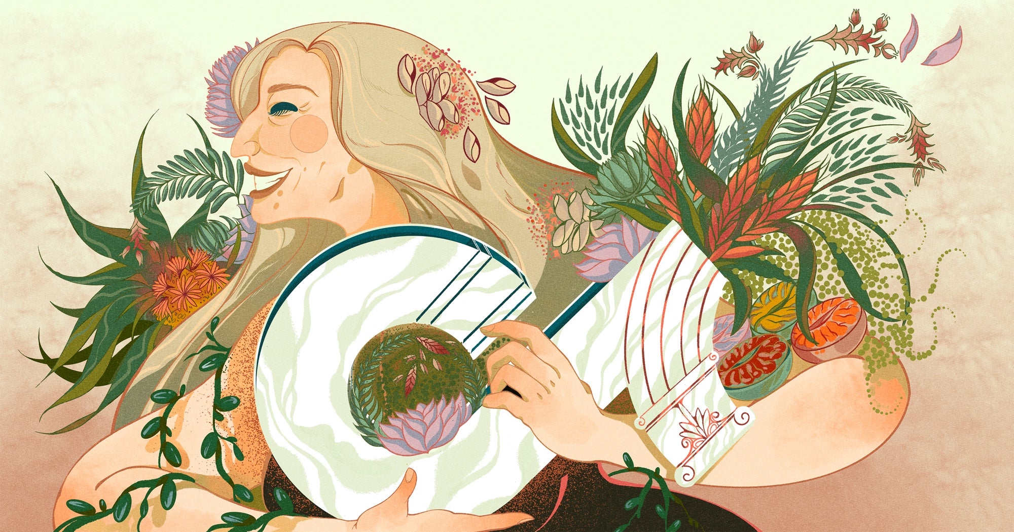 Illustration by Islenia Mil depicting "TikTok for business"—a woman holds a vase shaped like the TikTok logo full of plants
