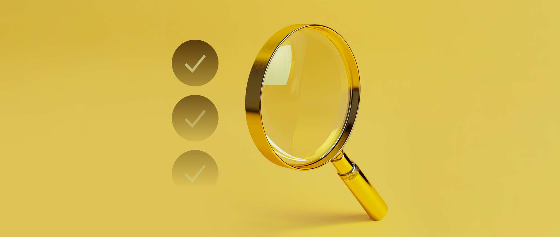Three check marks next to a magnifying glass on a yellow background.