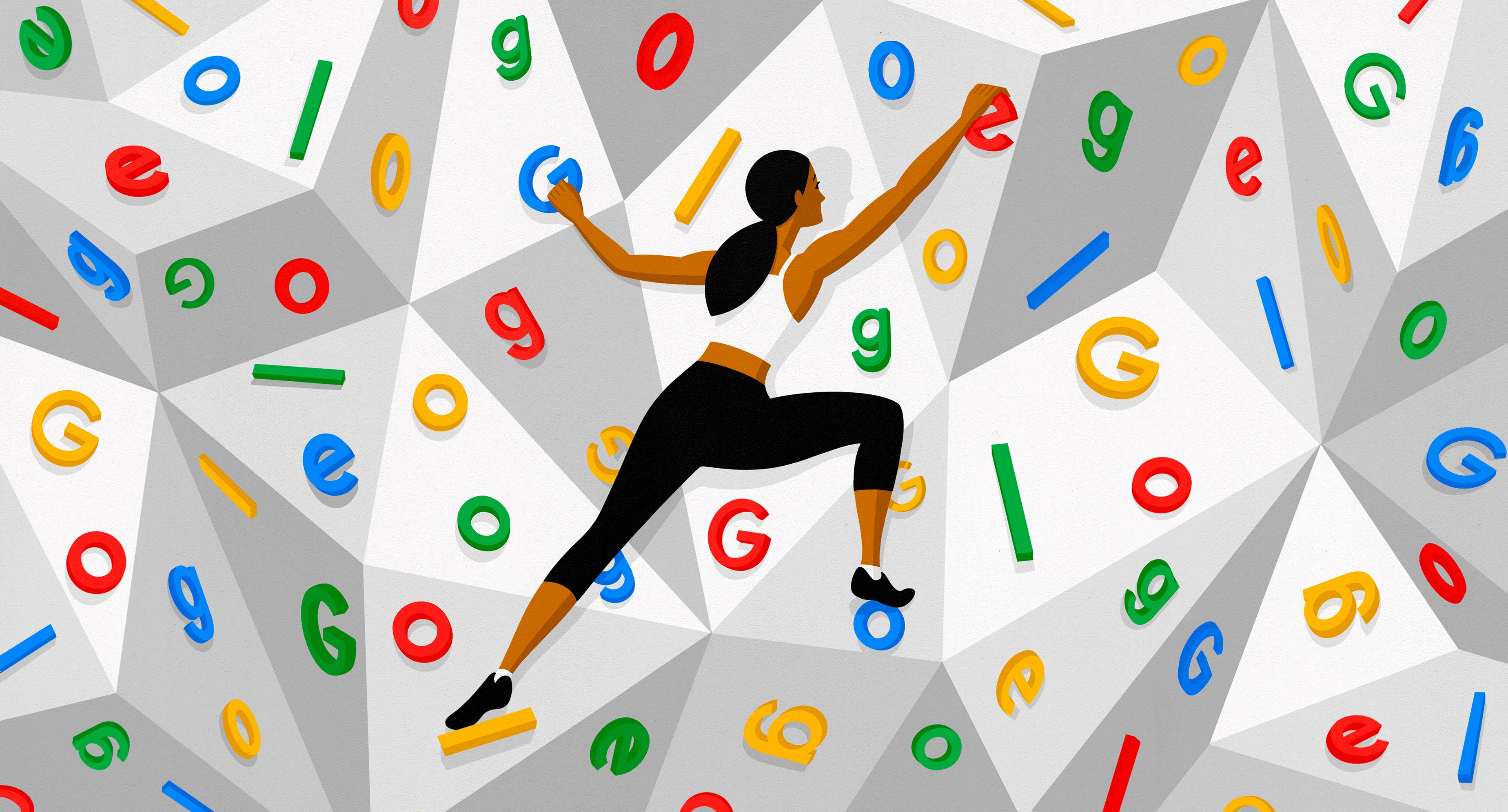 Illustration of a person climbing a wall made from the letters of the word “Google” representing the SEO process.