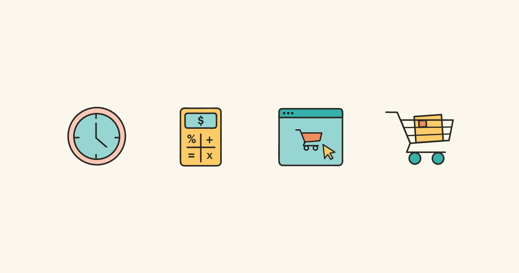 Clock, calculator, online cart, and shopping cart icons: how to start dropshipping