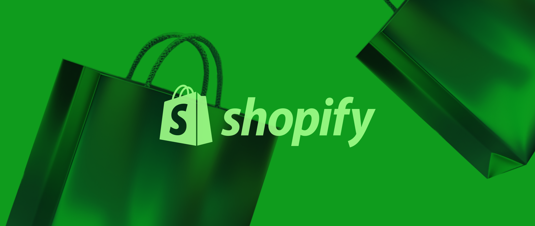 The Shopify logo is placed over an image of shopping bags floating