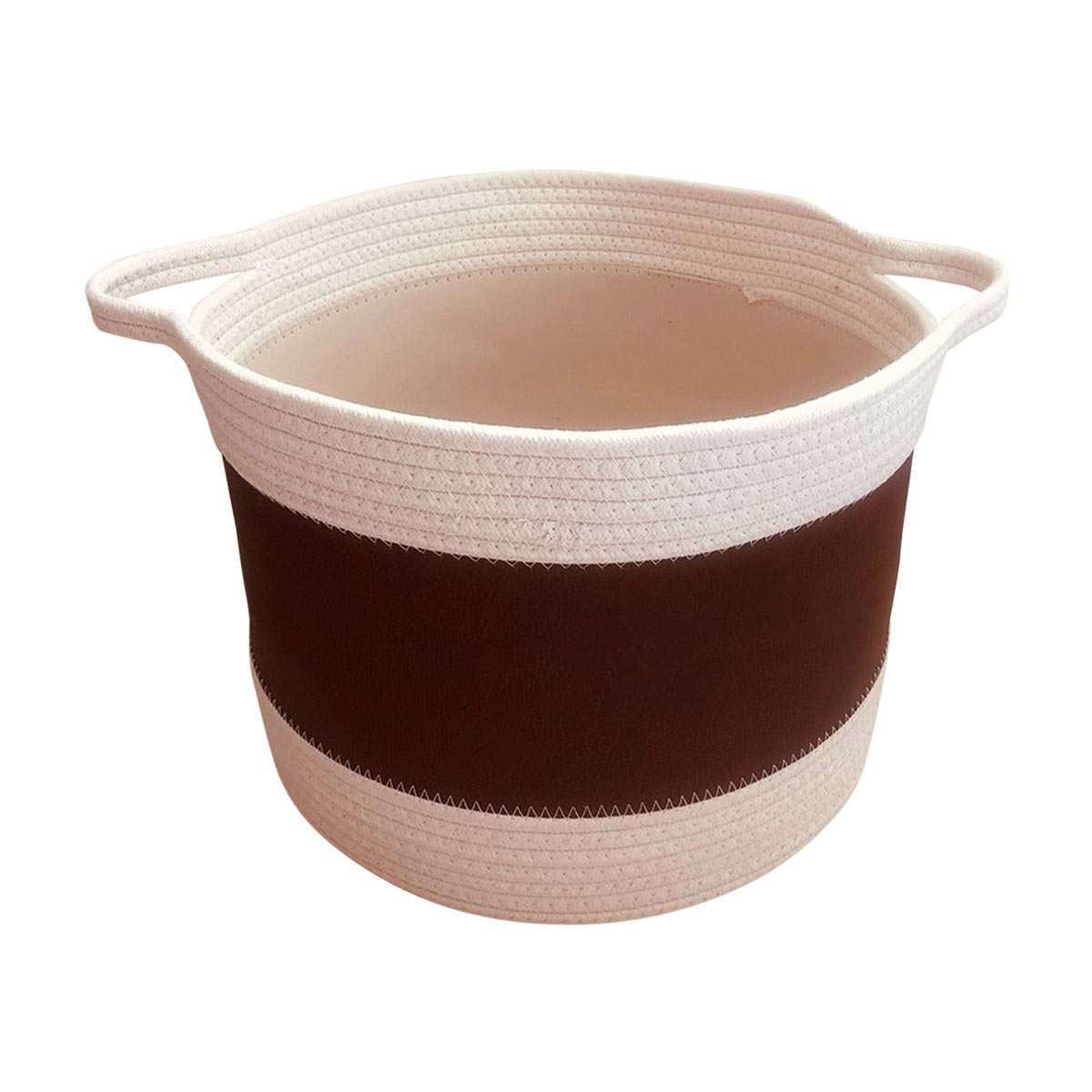 Cotton Rope & Faux Leather Round Storage Basket with Handles, Small
