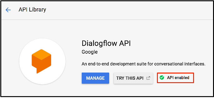 Картка Dialogflow, на якій виділено сповіщення API enabled (API ввімкнено)