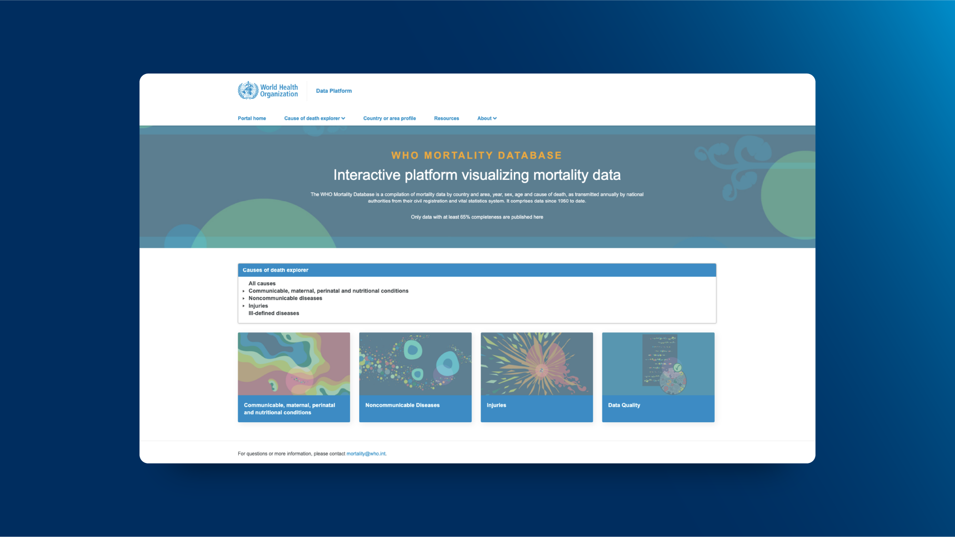 Image of the homepage of the WHO Mortality Database website.