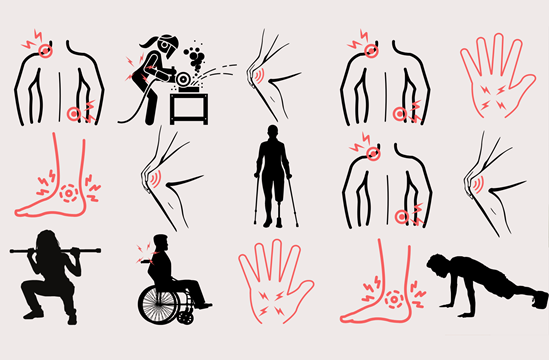a collection of icons in black, red and white portraying musculoskeletal conditions