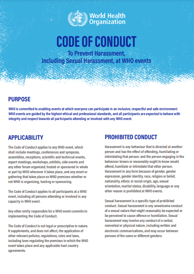 Code of Conduct to prevent harassment, including sexual harassment, at WHO events