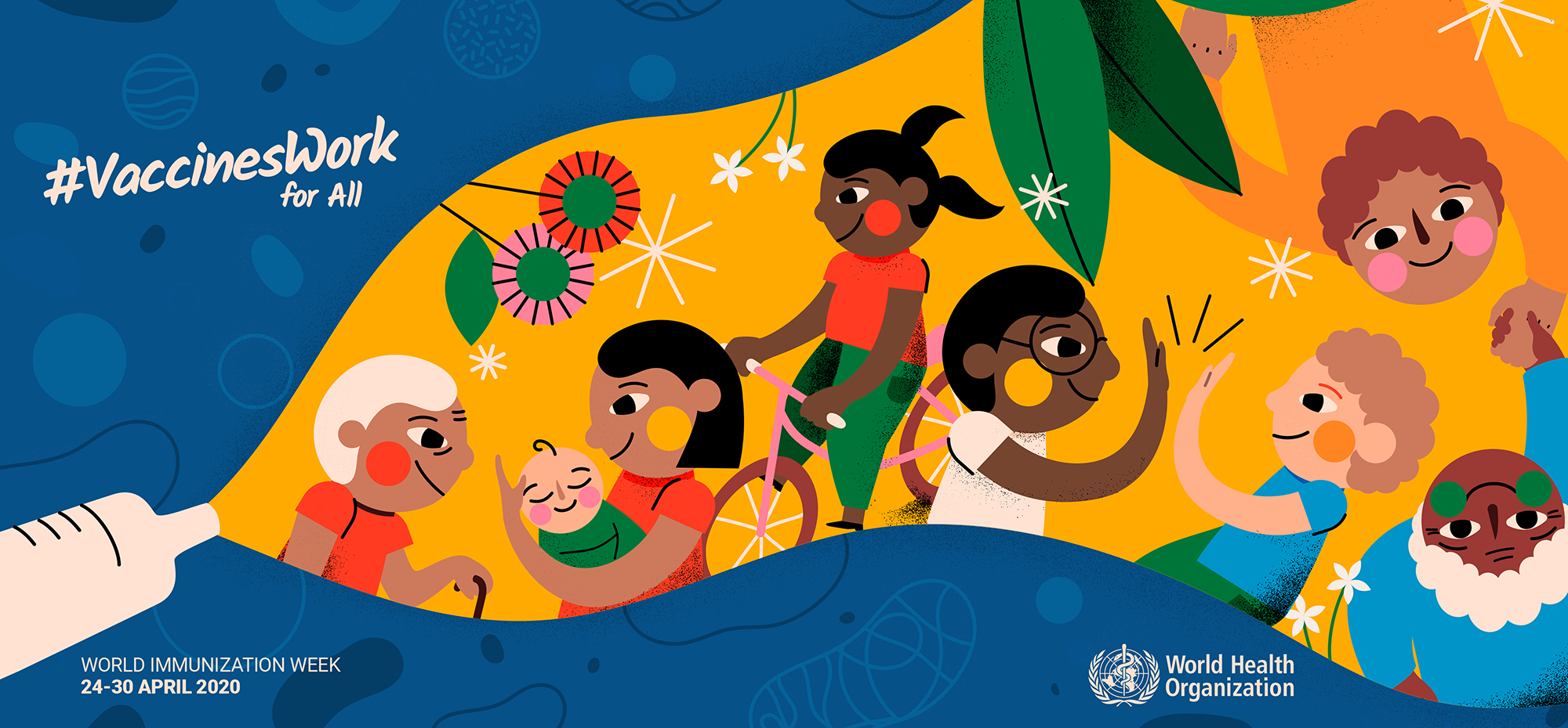 Illustration for #VaccinesWork for All campaign: happy people coming out of an syringe