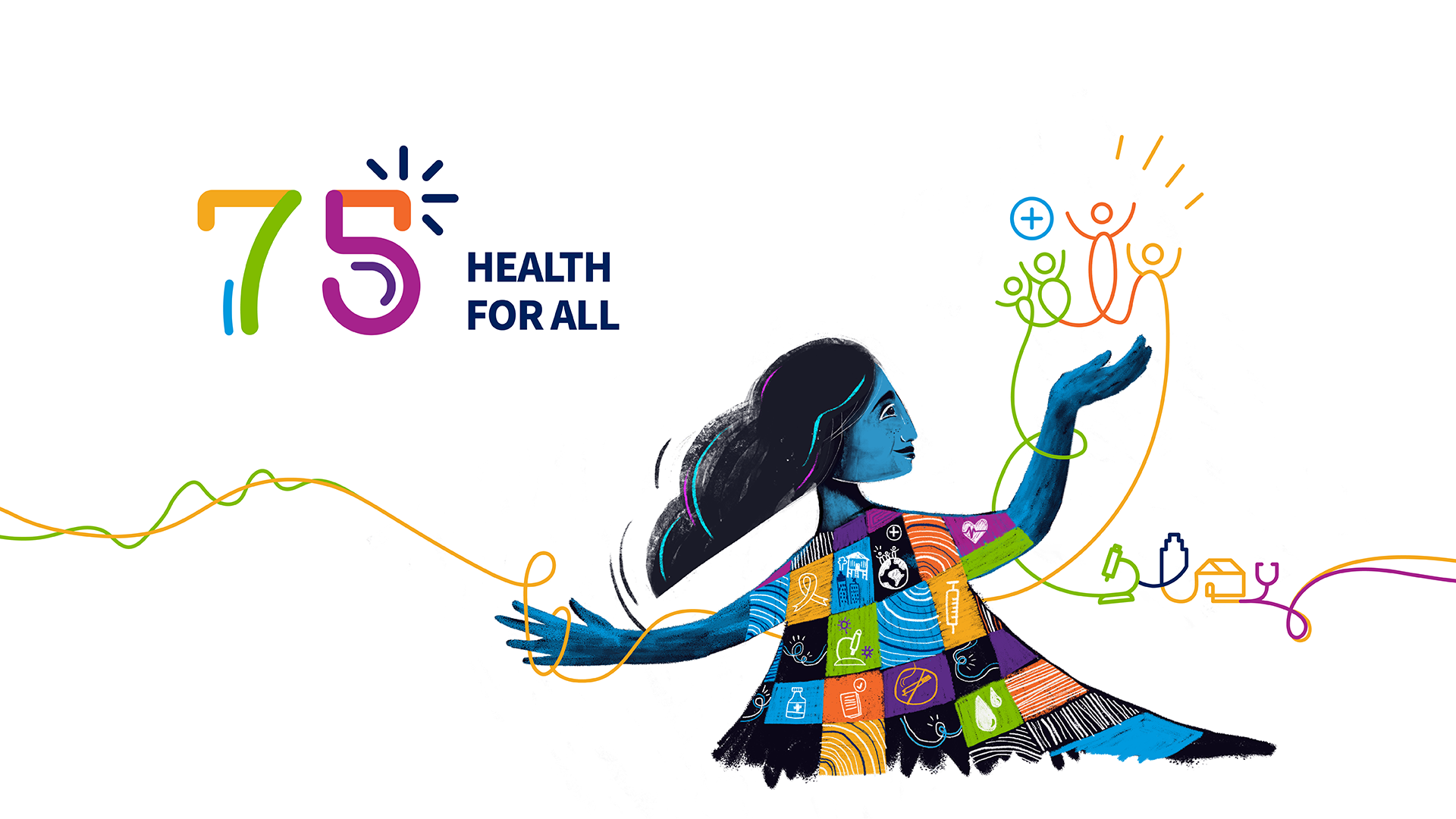 Lead banner for WHO 75th anniversary - illustration of a woman "Mother Health".