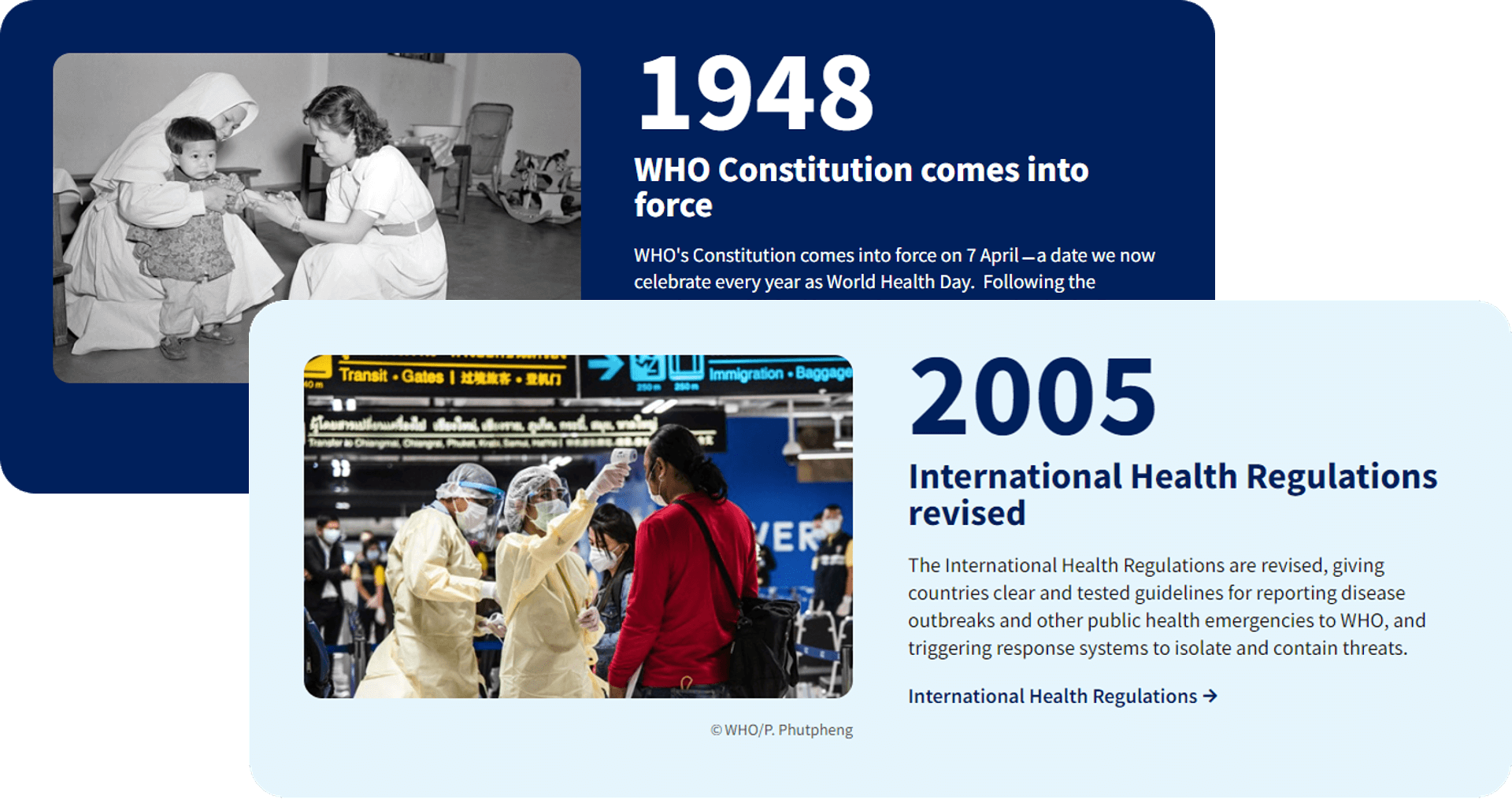 Collage of two timeline cards of health milestones throughout the years: featuring an image, year, headline, text field and a link for each card