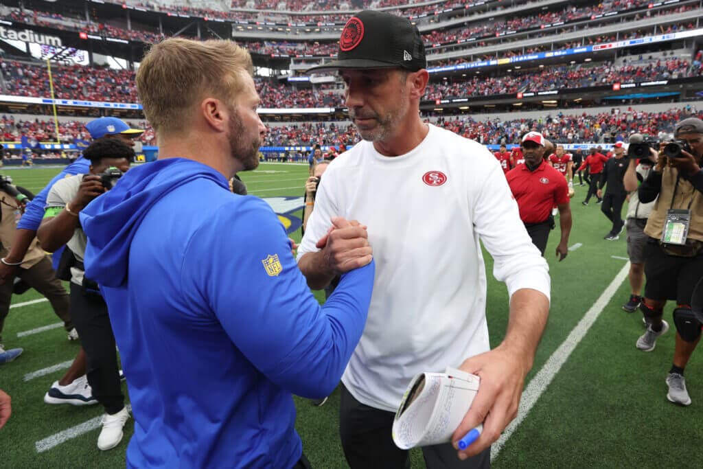 INGLEWOOD, CALIFORNIA - SEPTEMBER 17: Los Angeles Rams head coach Sean McVay shakes hands with San Francisco 49ers head coach Kyle Shanahan after the game at SoFi Stadium on September 17, 2023 in Inglewood, California. (Photo by Sean M. Haffey/Getty Images)