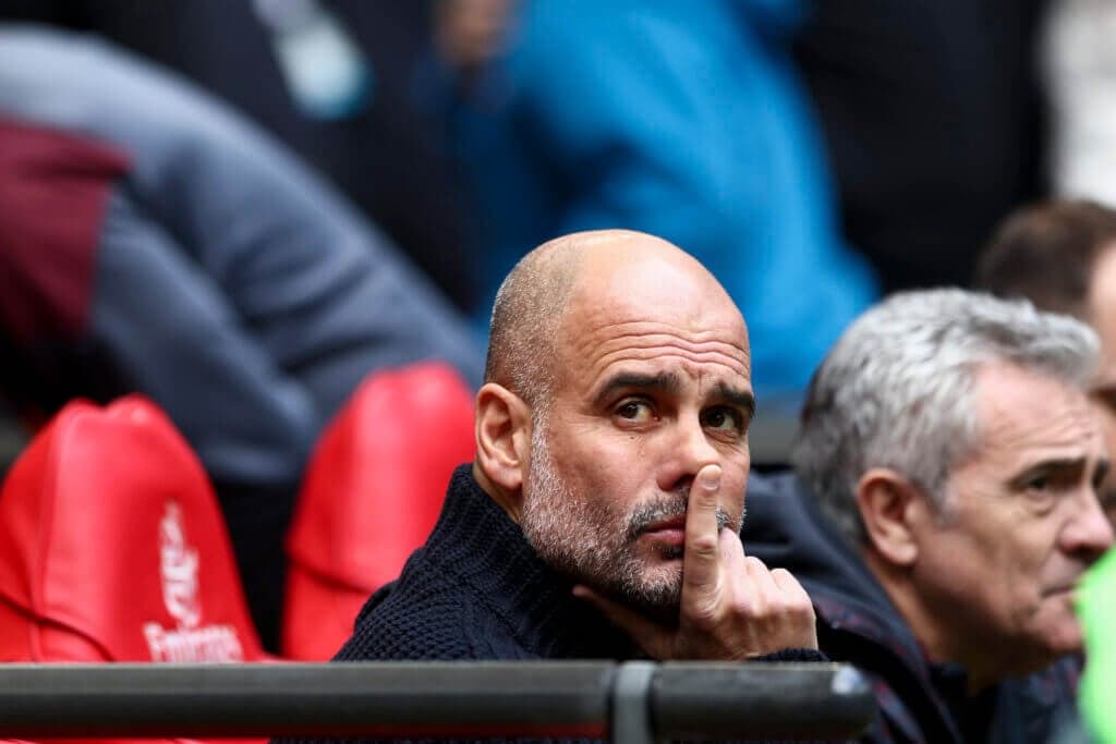 Pep Guardiola of Manchester City is attending the FA Cup Semi-Final match between Chelsea and Manchester City at Wembley Stadium in London, on April 20, 2024. (Photo by MI News/NurPhoto via Getty Images)