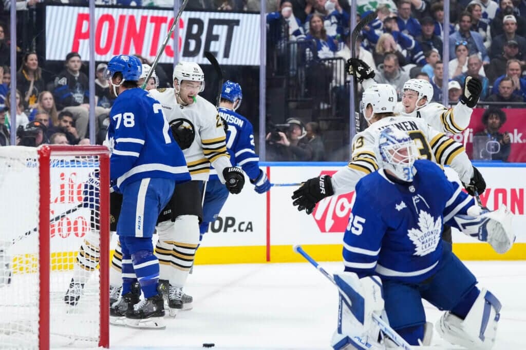 TORONTO, CANADA - APRIL 27: James van Riemsdyk #21 of the Boston Bruins celebrates scoring against Ilya Samsonov #35 of the Toronto Maple Leafs during the first period in Game Four of the First Round of the 2024 Stanley Cup Playoffs at Scotiabank Arena on April 27, 2024 in Toronto, Ontario, Canada. (Photo by Michael Chisholm/NHLI via Getty Images)